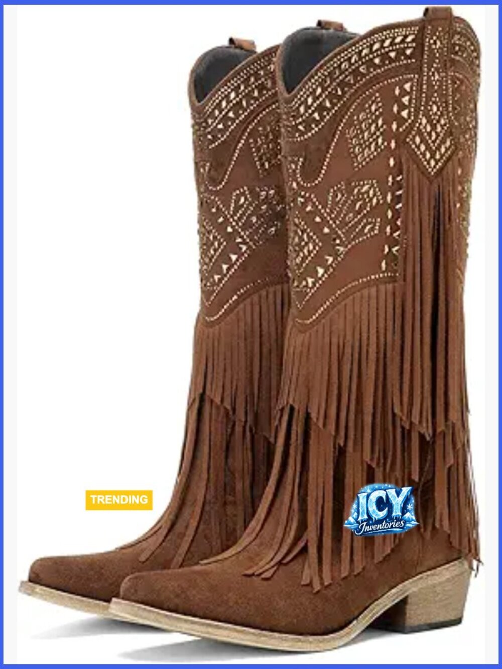 Cowboy Boots Knee High Cowgirl Western Fringe Rhinestone Chunky Heel Pointed Toe - Picture 1 of 7